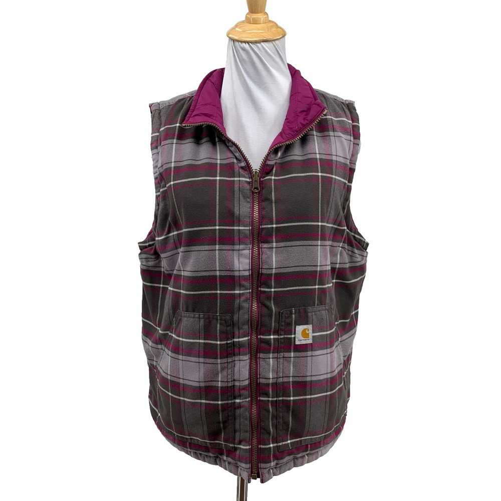Carhartt Vest Womens L Large Multi Amoret Reversible Quilted Flannel Plaid ZipUp